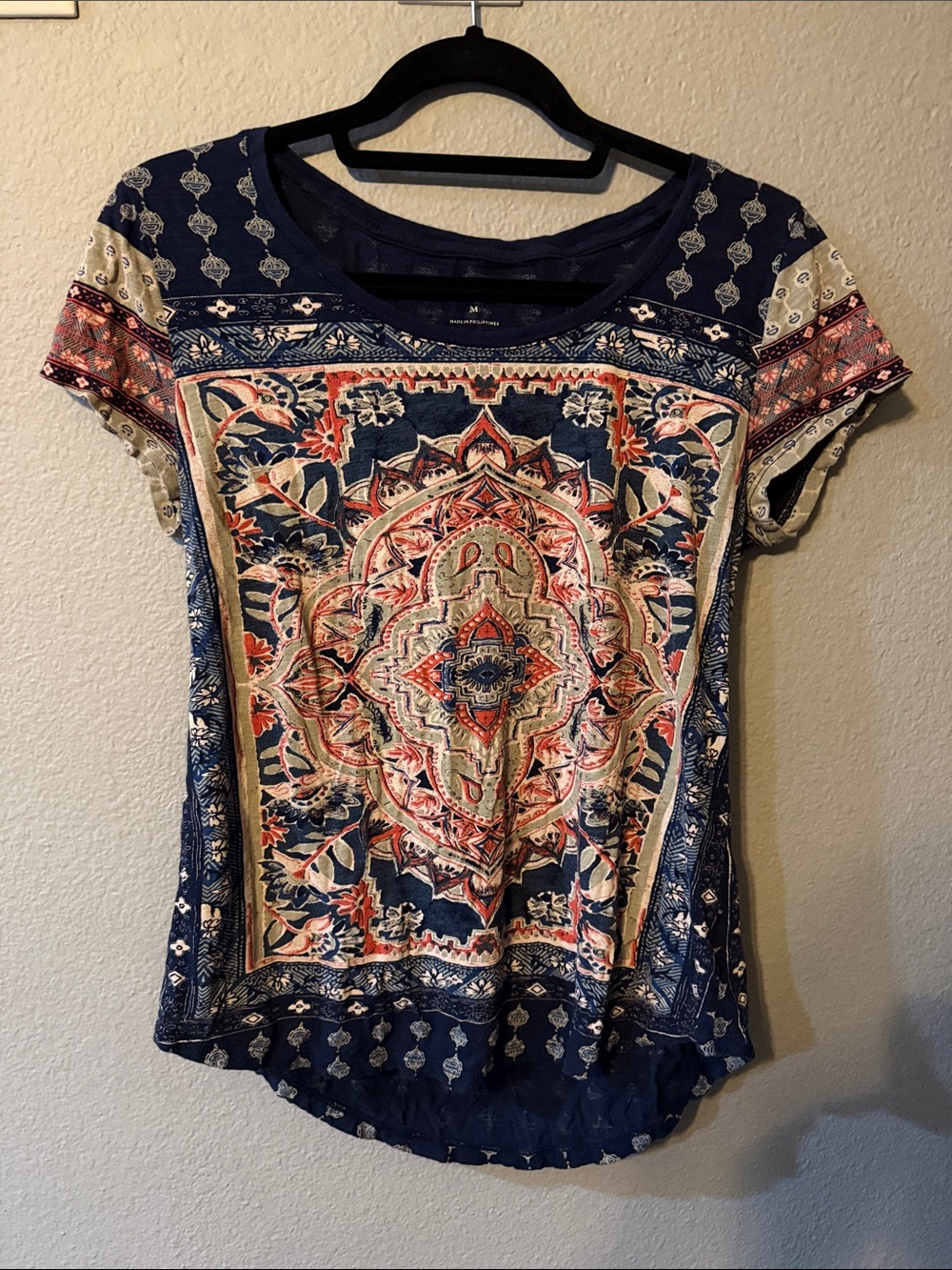 Lucky Brand Boho Medallion Print Short Sleeve Top Navy Size M